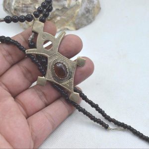 Berber Tuareg Cross Necklace with Carnelian Stone and Black Beads