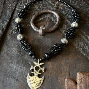 Amazigh Berber Tuareg Yaz Cross Pendant Necklace with Black Beads